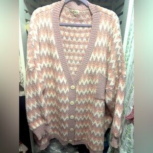 POL Women's Pink and White Zigzag Sweater Chevron Cardigan M NWOT